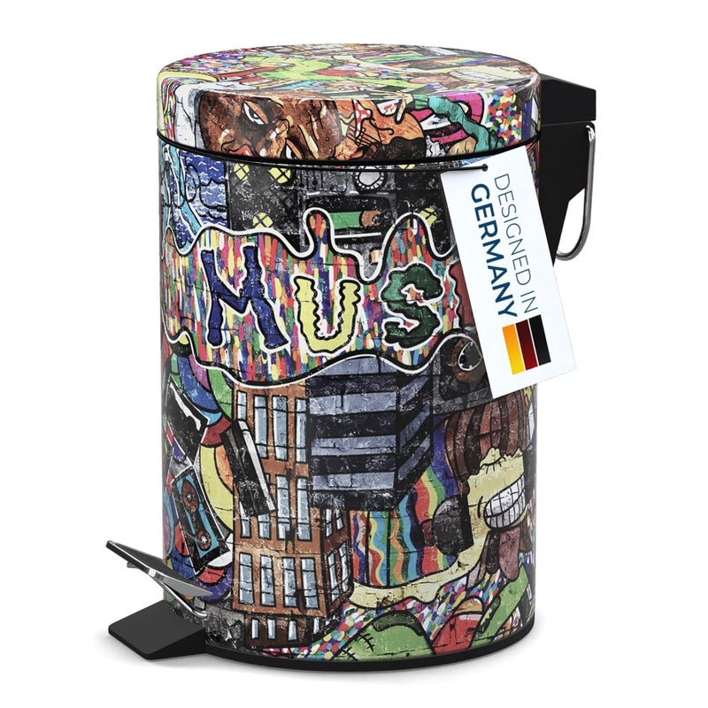 Sanilo Small Bathroom Trash Can with Lid [1.3 Gallon] - Lidded Tiny Trashcan for Garbage - Mini Metal Bin with Soft Closing Mechanism - Bath Room Accessoire Wastebin with Inner Bucket (Graffiti) - Image 2